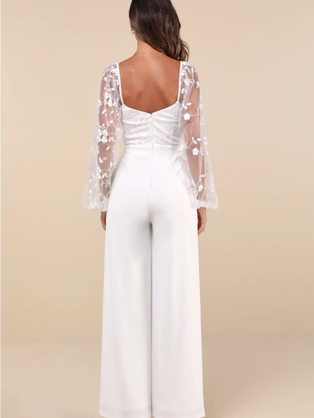 Lulu's Wedding White Floral-Embroidered Sheer-Sleeve Jumpsuit - Picture 2 of 6